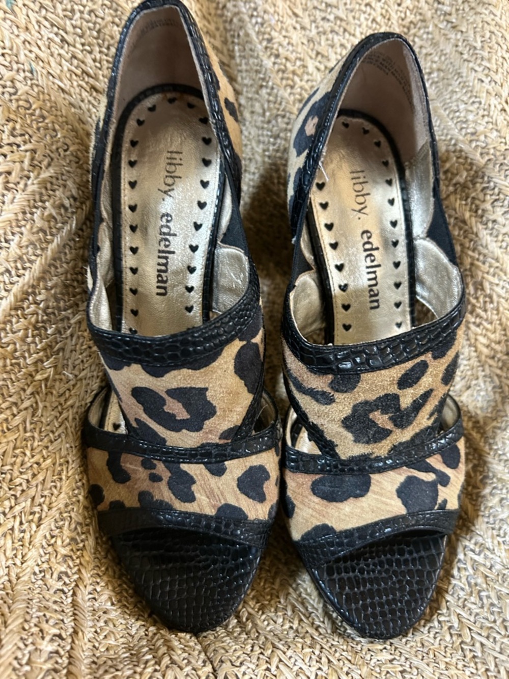 Libbey Leopard Print Peep-Toe Heels in Black and Tan